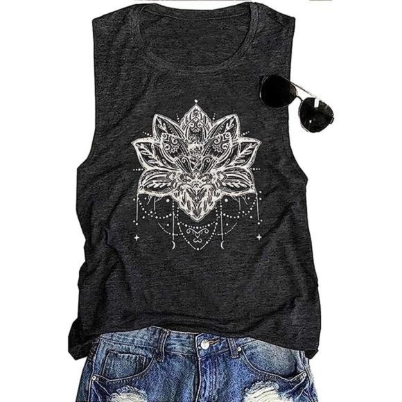 Boho Lotus Flower Printed Wide Racerback Graphic Tee Tank Top Cami T Shirt Yoga - Picture 5 of 10